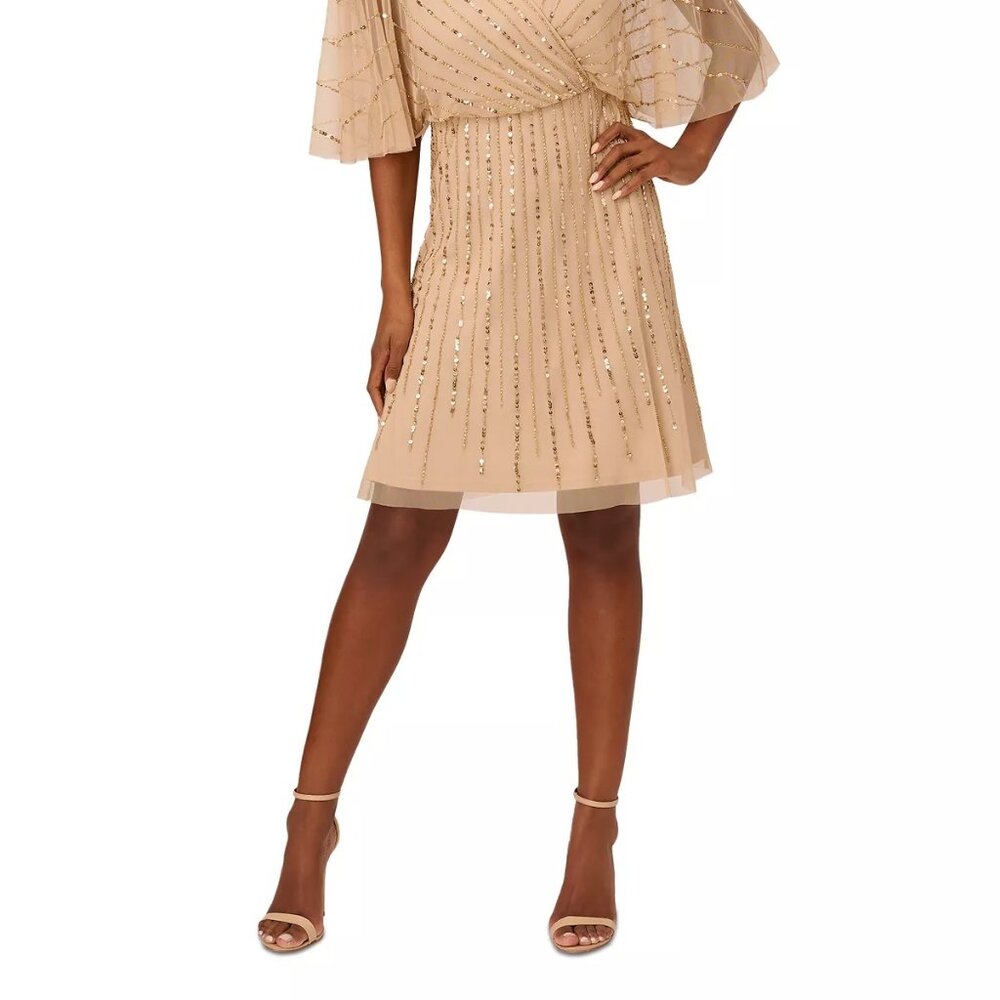 PAPELL STUDIO Women's Beaded Faux-Wrap Sheath Dress Champagne Gold Size 8 - Picture 4 of 4